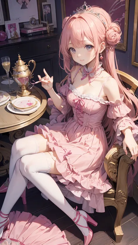 ( best quality ,4K, high resolution,Masterpiece:1.2), very detailed, realistic:1.37,,(whole body, I can see my feet and shoes : 1.2),、((  pink dress in hand )), 荘厳なライトピンクとゴールドの夜会服のドレスを着た女の子の超 realisticな写真, Big beautiful dress, Lots of frills and rhinestone...