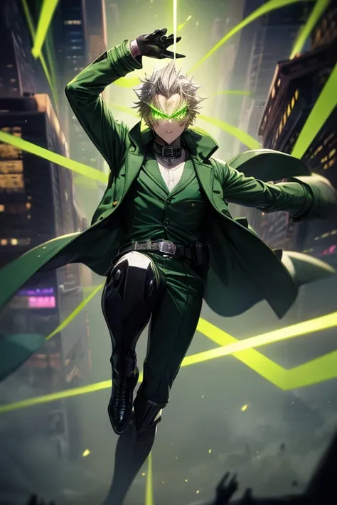 ((best quality)), ((masterpiece)), (detailed), 1 man, full body, 30 years old, gray robotic mask, small diamond on forehead, no hair, glowing green eyes, android, black collar, high collar, green coat, long green coat, open green coat, black gloves, suit, ...