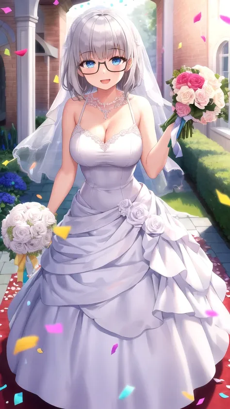 masterpiece, best quality, girl, solo, looking at viewer, shouta_doi, grey hair, blue eyes, glasses, large breasts, wedding Dress, standing, garden, confetti, holding bouquet, smile, open mouth 