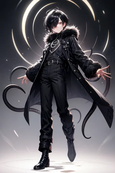 ((best quality)), ((masterpiece)), (detailed), 1 boy, full body, 23 years old, medium hair, black hair, lock of hair covering his left eye, bangs, emo, young adult,, black coat, loose sleeves, tall, thin, white zigzag marks on his coat, small black portals...