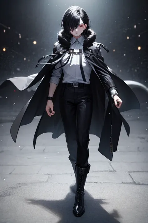 ((best quality)), ((masterpiece)), (detailed), 1 boy, full body, 23 years old, medium hair, black hair, lock of hair covering his left eye, bangs, emo, young adult, black coat, loose sleeves, tall, thin, white zigzag marks on his coat, small black portals,...