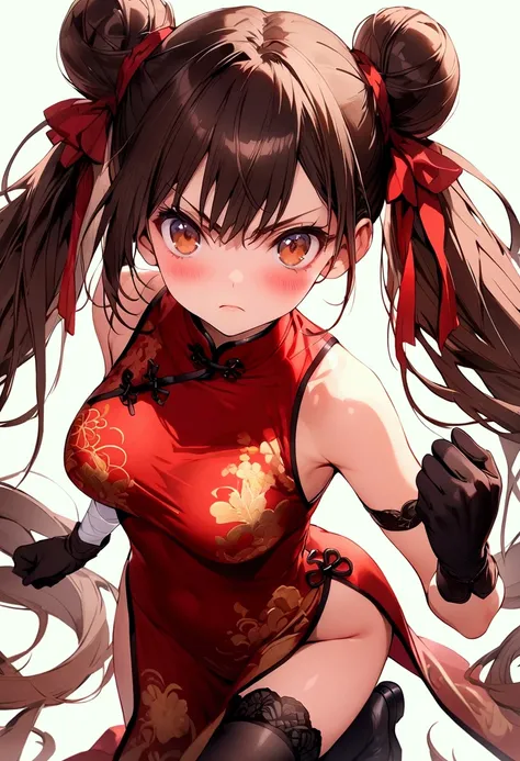 (masterpiece),(best quality),(ultra-detailed),(best illustration),(best shadow),(detailed background), 1girl, solo, very-long-hair, dress, long-hair, thighhighs, twintails, chinese-clothes, china-dress, standing, gloves, bandages, red-dress, hair-bun, look...