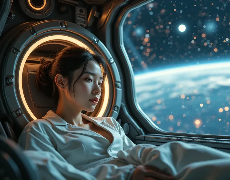 a beautiful girl in a cryosleep capsule, astronaut in space suit, futuristic sci-fi spacecraft, glowing lights, dramatic lighting, cinematic composition, muted color palette, ethereal atmosphere, dreamlike quality, highly detailed, 8k, hyper realistic, awa...