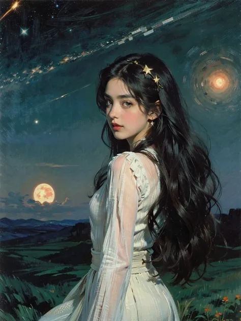  long-haired woman, slightly brown hair, dark brown eyes, black-haired man, emerald green eyes ,Stars,universe,starry night, meteor,Romantic,landscape,  dazzling body ,low of attraction, Phil dreams ,mystery