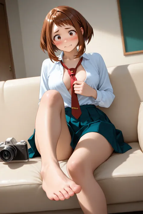 One Asian girl ochako uraraka, sitting on a sofa, in her school uniform, shirt unbuttoned, tie, undone, bare feet, foot to camera, shy expression, amateur photography, photorealism.