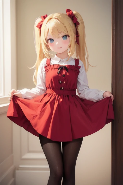 (Masterpiece,  best quality ),  1 girl, Blonde,  red dress,  pantyhose,  cute face, ,