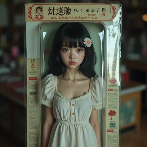 Doll Packaged Girl Standing FullBody. a Adolescent Girl Trapped in Blister Package on Decorative Cardboard with instructions, LifeLike Live-Action, Beautiful Reflective Eyes, Innocent, FlowerHairpin, Open Cleavage from DirectlyAbove, SpecularReflection, St...