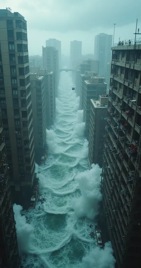  "from flying helicopter camera caught tsunami flooding city.  Some people are on higher building". 