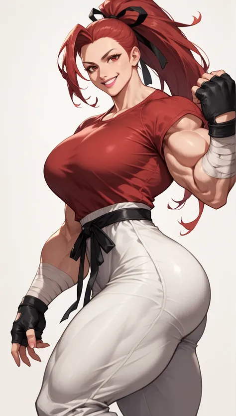 muscular,
 big breast,
Round Butt ,
 fingerless gloves ,
giant  extremely muscular woman, extremely high,  extremely muscular,  large body ,  wide shoulders , Long body, giant arms, giant biceps,  giant forearms ,  large hands , giant ponytail ,  red hair,...