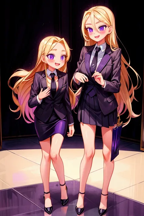 Masterpiece, best quality) 2 girls sisters blonde long hair, purple eyes, black suit and tie, formal skirt, gorgeous body, pronounced breasts, in a shopping mall, full body, smile