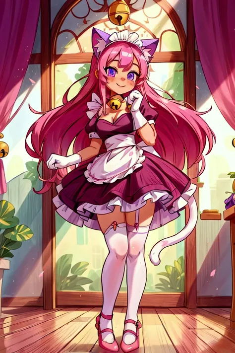 (Masterpiece, best quality), 1 girl, cat_ears, cat_tail, pink_hair, purple_eyes, long hair_over, maid_uniform, maid_headdress, dress, paw_gloves, cat_paws, white_legwear, neck_bell, bell, shoes, standing indoors with intricate details and sunlight, sexy po...