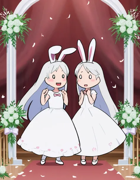 rabbit womans, rabbit ears, white short hair, white girlfriend dress, cute look, innocent faces,, lesbian wedding, wedding altar, girlfriends