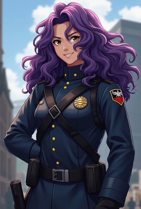 An anime-style soldier with long curly purple hair , curly and purple with a dark complexion, brown eyes and arrogant anime-style look 
