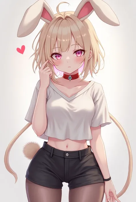 "Am I a half-human rabbit. My eyes are soft pink ,  my hair is light beige and falls gently around my face. pantyhose, mini short preto, white shirt, I wear a red collar , e sou um femboy"