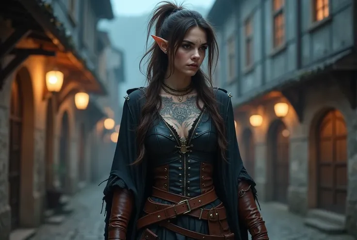 Medieval fantasy, 20 year old white elf woman, lots of tattoos, small pointy elf ears, messy brown hair, brown eyes, thick dark eyebrows, scar through eyebrow, freckles, athletic toned body, wearing  black leather rogue medieval clothes, brown leather arm ...