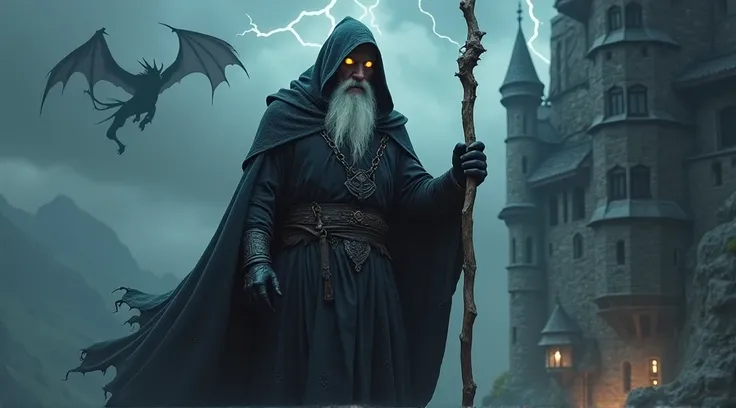 Medieval fantasy, evil old wizard, yellow eyes, white hair and beard, holding twisted wooden staff, wearing black hooded wizard gown, ,wearing black medieval pants, wearing black belts and boots, wearing black leather wrist guards, full body, Super Detaile...