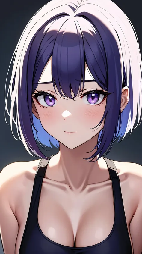 {8k image}, 1beautiful korean woman, 23 years old, dark purple eyes, {short white hair combed back}, medium breasts, wearing a tank top with an open beach shirt (white clothes), looking at the viewer seriously, face and body centered forward, focus on the ...