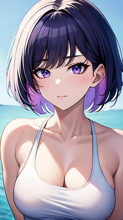 {8k image}, 1beautiful korean woman, 23 years old, dark purple eyes, {short white hair combed back}, medium breasts, wearing a tank top with an open beach shirt (white clothes), looking at the viewer seriously, face and body centered forward, focus on the ...