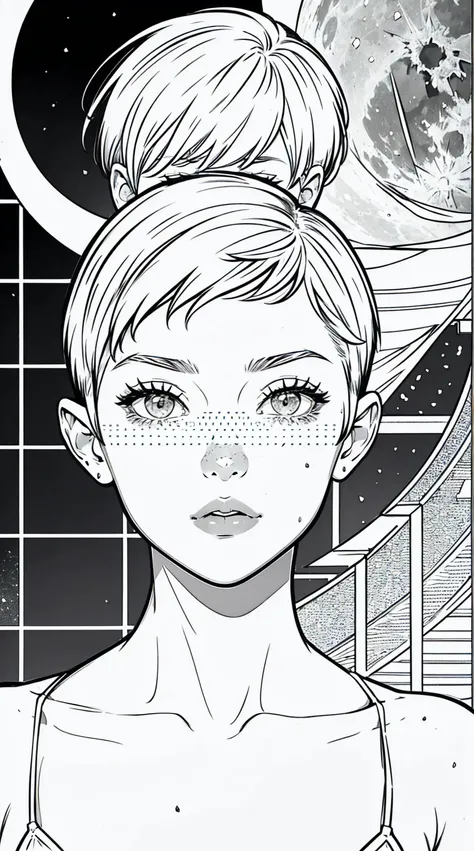 {high definition image}, 1 beautiful russian woman, 30 years old, short hair (pixie cut), pointed nose, thin lips, busty, freckles on the face, wearing a mini bikini, looking at the viewer with a neutral expression, {centered image}, Manga lineart (monochr...