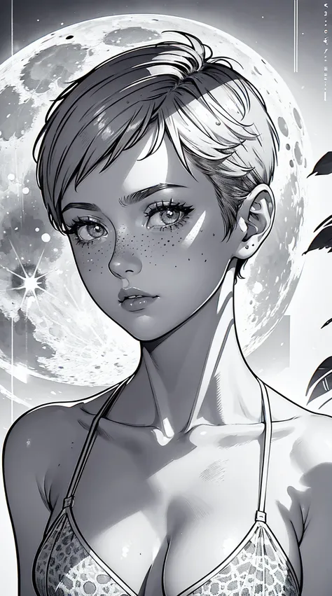 {high definition image}, 1 beautiful russian woman, 30 years old, short hair (pixie cut), pointed nose, thin lips, busty, freckles on the face, wearing a mini bikini, looking at the viewer with a neutral expression, {centered image}, Manga lineart (monochr...