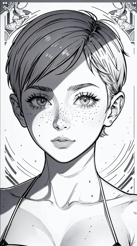 {high definition image}, 1 beautiful russian woman, 30 years old, short hair (pixie cut), pointed nose, thin lips, busty, freckles on the face, wearing a mini bikini, looking at the viewer with a neutral expression, {centered image}, Manga lineart (monochr...