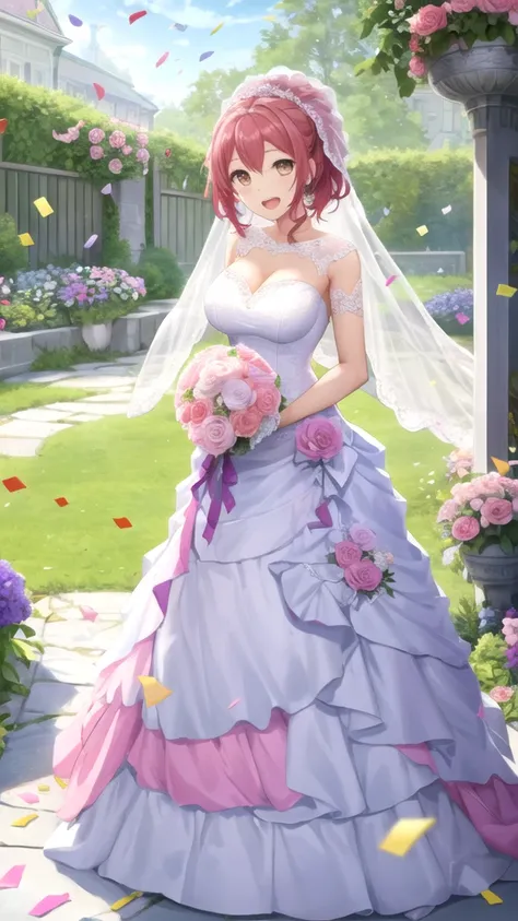 masterpiece, best quality, girl, solo, looking at viewer, ryuu_zaou, pink hair, brown eyes, large breasts, wedding Dress, standing, garden, confetti, holding bouquet, smile, open mouth