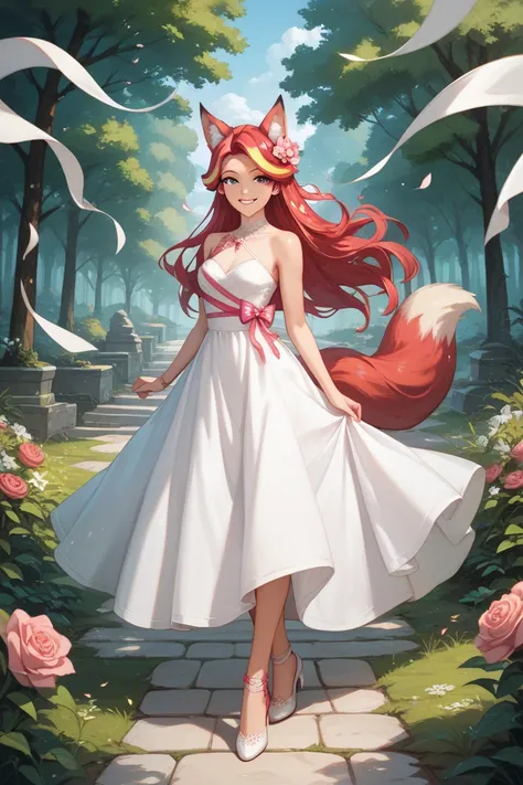 Masterpiece, best quality, smiling red fox girl, fox ears, white silk dress, pink ribbons, walks gracefully along a stone path towards the viewer, with flower gardens around her, emerging from a dark forest, strong wind blowing, red shimmering shoes 