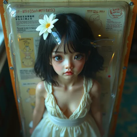 Doll Packaged Girl Standing FullBody. a Adolescent Girl Trapped in Blister Package on Decorative Cardboard with instructions, LifeLike Live-Action, Beautiful Reflective Eyes, Innocent, FlowerHairpin, Open Cleavage from DirectlyAbove, SpecularReflection, St...