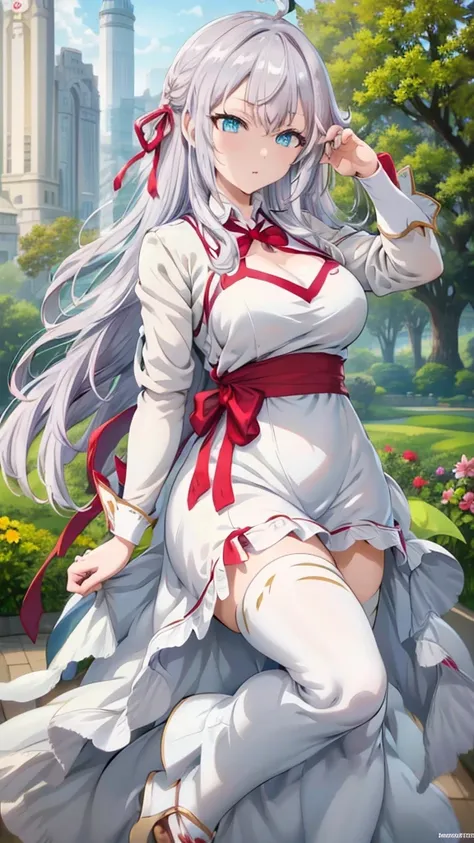 Masterpiece, best quality, highres, highly detailed, 1 girl, long hair, white hair, half - up style hair, red ribbons in right side head, aqua eyes, large breast, kabaya dress, public park, camera angle from under her, perfect finger shape, the number of f...