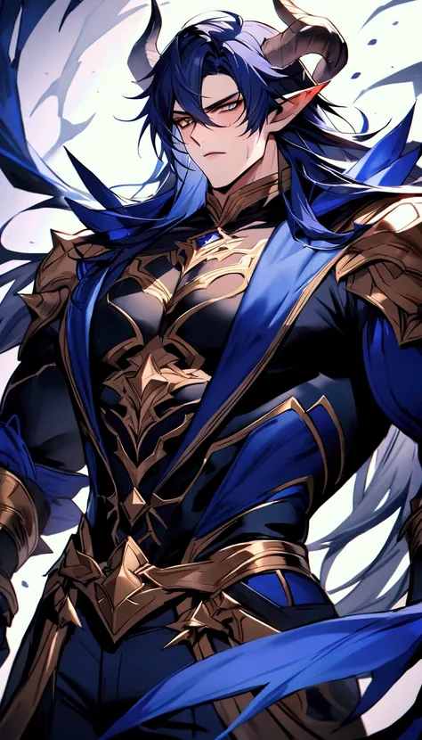 (ultra high quality) (2.5d) (best quality) (beautiful face) a male elf demon with wild long dark blue hair and big muscles and demon horns wearing noble fantasy suit