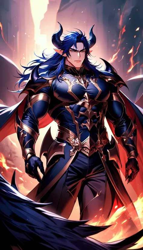 a male elf demon with wild long dark blue hair, demon horns and big muscles wearing noble fantasy suit