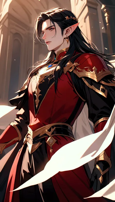  a noble male elf with a beautiful face  with long straight black hair  wearing a red noble fantasy suit