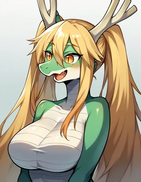 score_9, score_8_up, score_7_up, source_anime, source_animal, source_furry, kemono furry Anthro adragon, tohru, long hair, bangs, blonde hair, hair between eyes, twintails, very long hair, multicolored hair, horns, fang, gradient hair, dragon horns, red ey...