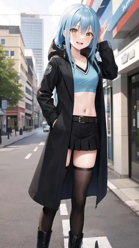 masterpiece, best quality, highres, rimuru tempest, blue hair, long hair, medium breasts, black jacket, modern crop top, v neck shirt, black long jacket, black long coat cleveage, show stomach, belt, pleated skirt, cowboy shot, standing, looking at viewer,...