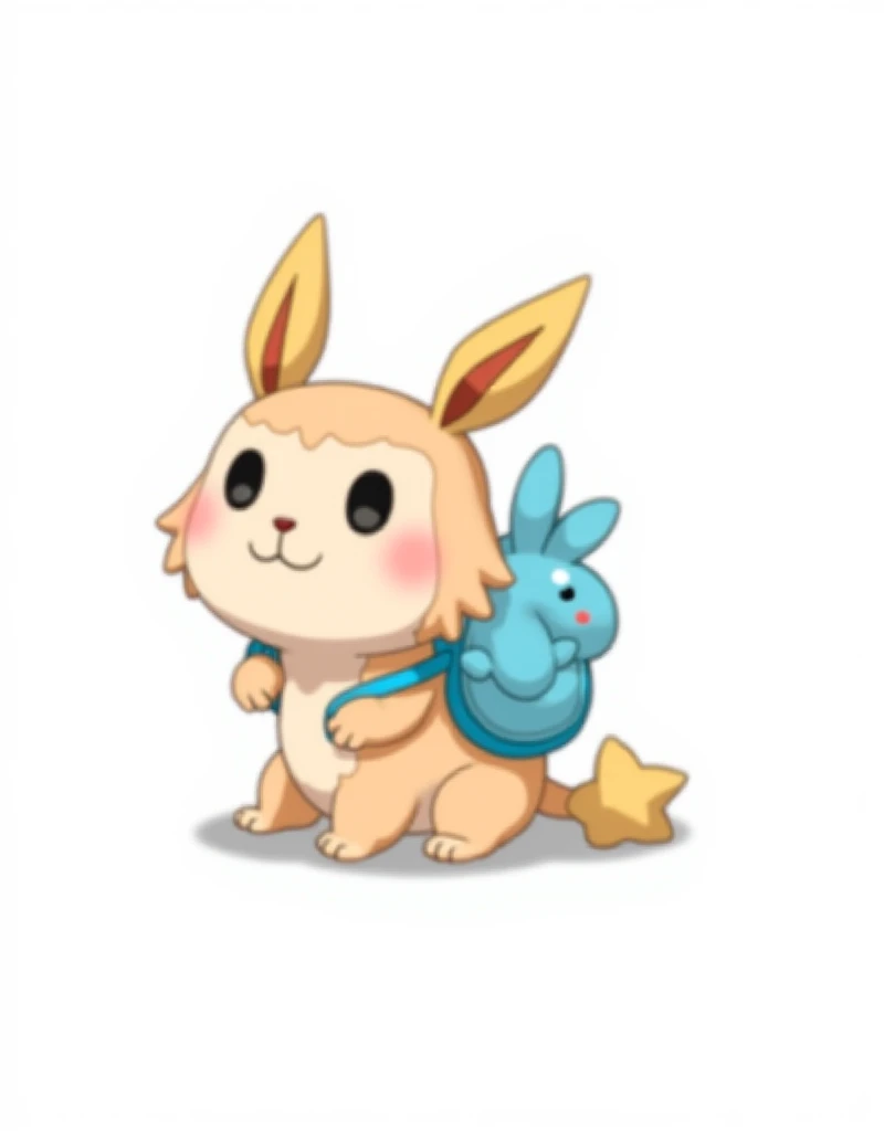  yurukara 、Short limbs、 the tip of the tail is in the shape of a star 、The eyes are round with black 、 and the nose is black and round 、The ears have an angel wing motif 、 carrying a blue rabbit plush backpack、 illustration、 is cute 、