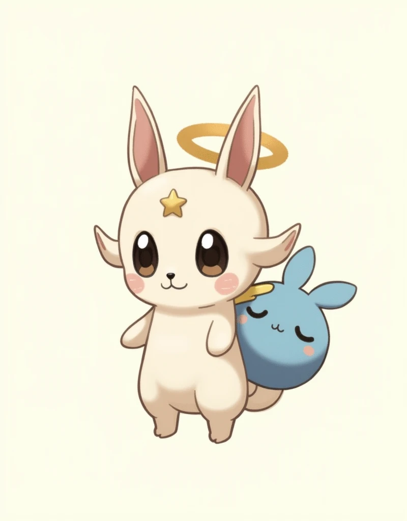  yurukara 、Short limbs、 the tip of the tail is in the shape of a star 、The eyes are round with black 、 and the nose is black and round 、The ears have an angel wing motif 、 carrying a blue rabbit plush backpack、 illustration、 is cute 、 facing the viewer、