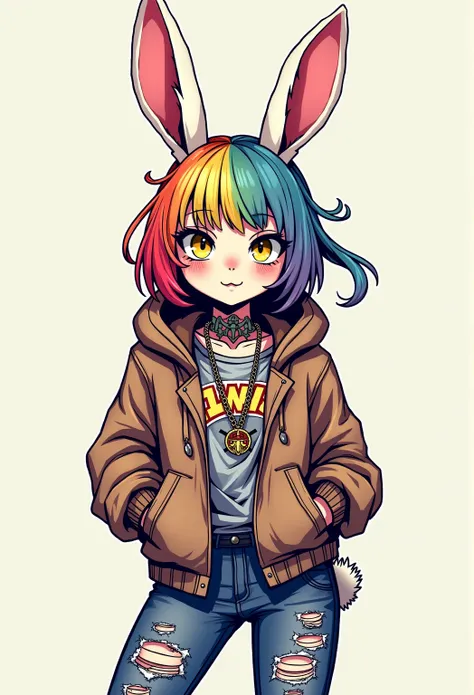 Cool and trendy rabbits, rainbow-colored hair, Yellow eyes, Wear trendy hip-hop clothes, Wearing a hoodie, Graphic T-shirt and ripped jeans, Lots of tattoos and piercings, Doodle style background, Highly detailed background, perfect masterpiece, High quali...