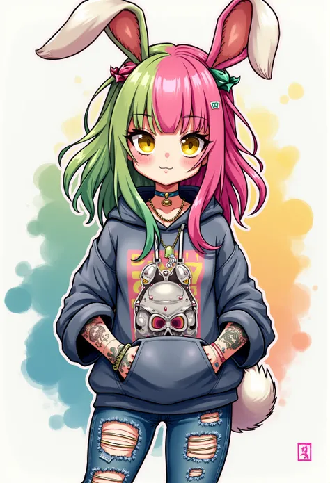 Cool and trendy rabbits, rainbow-colored hair, Yellow eyes, Wear trendy hip-hop clothes, Wearing a hoodie, Graphic T-shirt and ripped jeans, Lots of tattoos and piercings, Doodle style background, Highly detailed background, perfect masterpiece, High quali...