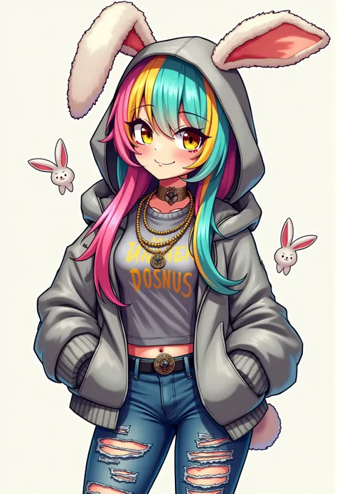 Cool and trendy rabbits, rainbow-colored hair, Yellow eyes, Wear trendy hip-hop clothes, Wearing a hoodie, Graphic T-shirt and ripped jeans, Lots of tattoos and piercings, Doodle style background, Highly detailed background, perfect masterpiece, High quali...