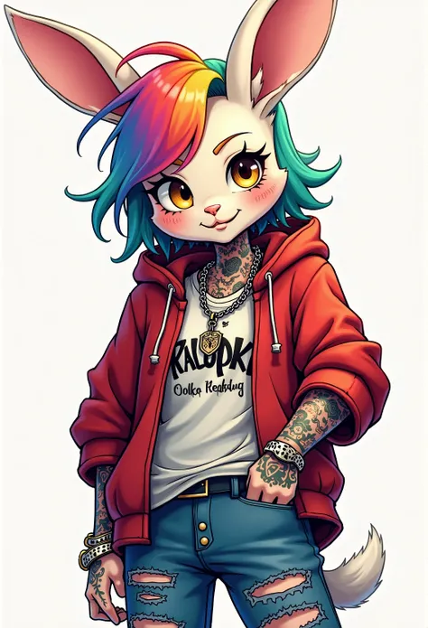 Cool and trendy rabbits, rainbow-colored hair, Yellow eyes, Wear trendy hip-hop clothes, Wearing a hoodie, Graphic T-shirt and ripped jeans, Lots of tattoos and piercings, Doodle style background, Highly detailed background, perfect masterpiece, High quali...