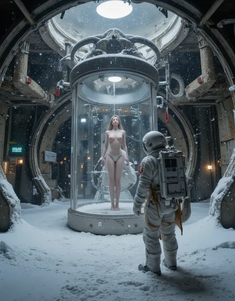 A beautiful girl sleeps in the only functioning cryogenic sleep capsule in an abandoned facility on a winter planet. The girl sleeps upright in a vertical capsule, wearing simple underwear, as snow blows in and freezes the whole facility. An astronaut in a...