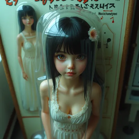 Doll Packaged Girl Standing FullBody. a Adolescent Girl Trapped in Blister Package on Decorative Cardboard with instructions, LifeLike Live-Action, Beautiful Reflective Eyes, Innocent, FlowerHairpin, Open Cleavage from DirectlyAbove, SpecularReflection, St...