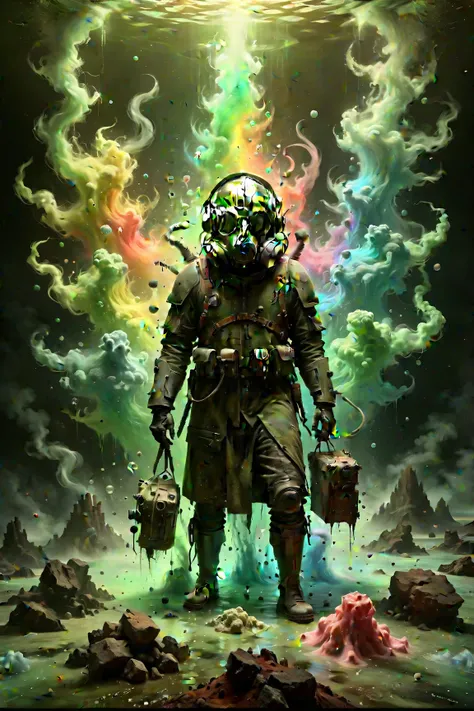 plaguemarine with gas mask and armor, green mist, fog, smoke, slime, Sandbags, Rainbow, Brutalist, (Hieronymus Bosch,Leonor Fini,Odd Nerdrum:1.25),  Fog or mist,Shipwreck, Dissonant, (Metallics:1.1), (Repetition:1.1),  (Tempera:1.1), (Backlit:1.2), Ice, Rh...