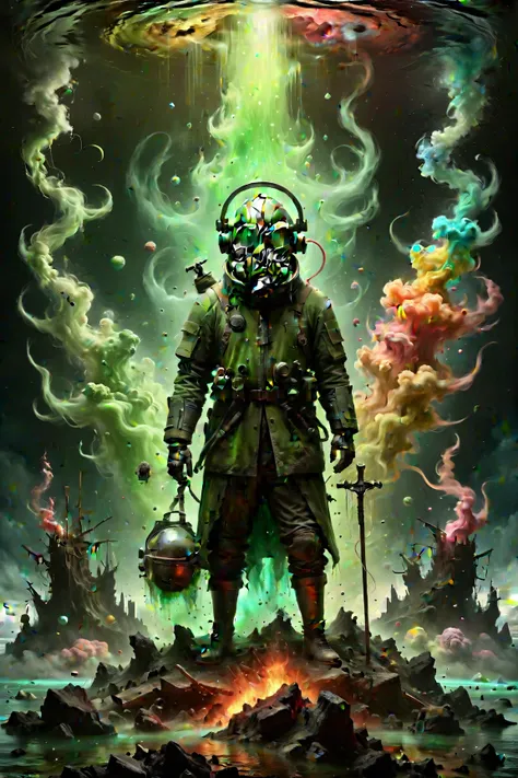 plaguemarine with gas mask and armor, green mist, fog, smoke, slime, Sandbags, Rainbow, Brutalist, (Hieronymus Bosch,Leonor Fini,Odd Nerdrum:1.25),  Fog or mist,Shipwreck, Dissonant, (Metallics:1.1), (Repetition:1.1),  (Tempera:1.1), (Backlit:1.2), Ice, Rh...