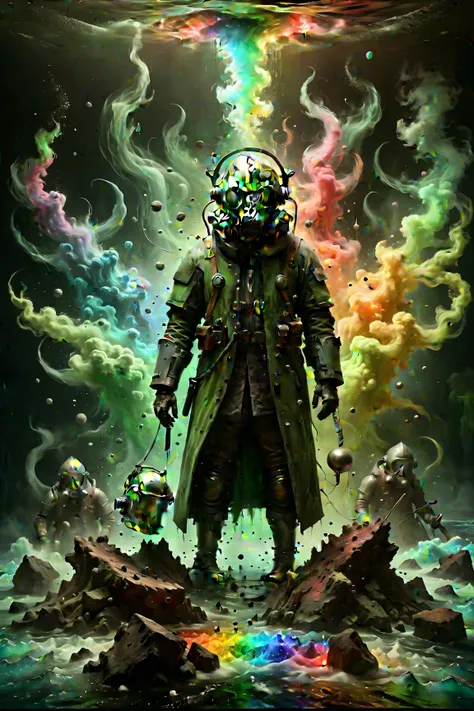 plaguemarine with gas mask and armor, green mist, fog, smoke, slime, Sandbags, Rainbow, Brutalist, (Hieronymus Bosch,Leonor Fini,Odd Nerdrum:1.25),  Fog or mist,Shipwreck, Dissonant, (Metallics:1.1), (Repetition:1.1),  (Tempera:1.1), (Backlit:1.2), Ice, Rh...