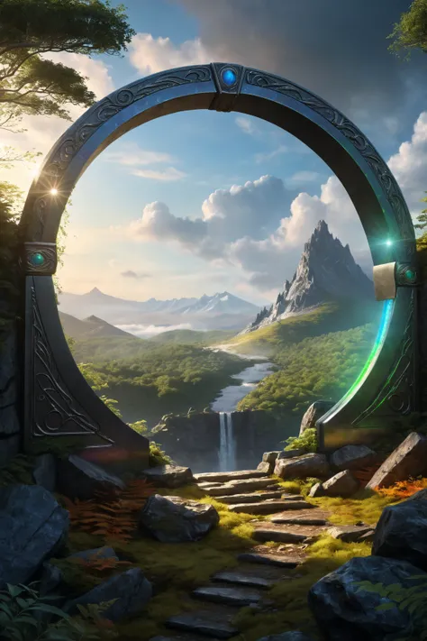 Hyperrealistic art, lush green wooded mountain pass landscape, a fantasy glowing Vivid multi-colored Runes covered ((silver)/(black ral-opal)) Circular gate (portal:1.3), a detailed matte painting by Mike Winkelmann, cgsociety, fantasy art, blue sky, Extre...