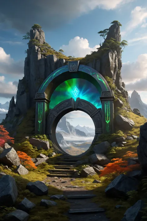 Hyperrealistic art, lush green wooded mountain pass landscape, a fantasy glowing Vivid multi-colored Runes covered ((silver)/(black ral-opal)) Circular gate (portal:1.3), a detailed matte painting by Mike Winkelmann, cgsociety, fantasy art, blue sky, Extre...