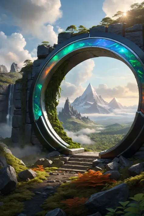 Hyperrealistic art, lush green wooded mountain pass landscape, a fantasy glowing Vivid multi-colored Runes covered ((silver)/(black ral-opal)) Circular gate (portal:1.3), a detailed matte painting by Mike Winkelmann, cgsociety, fantasy art, blue sky, Extre...