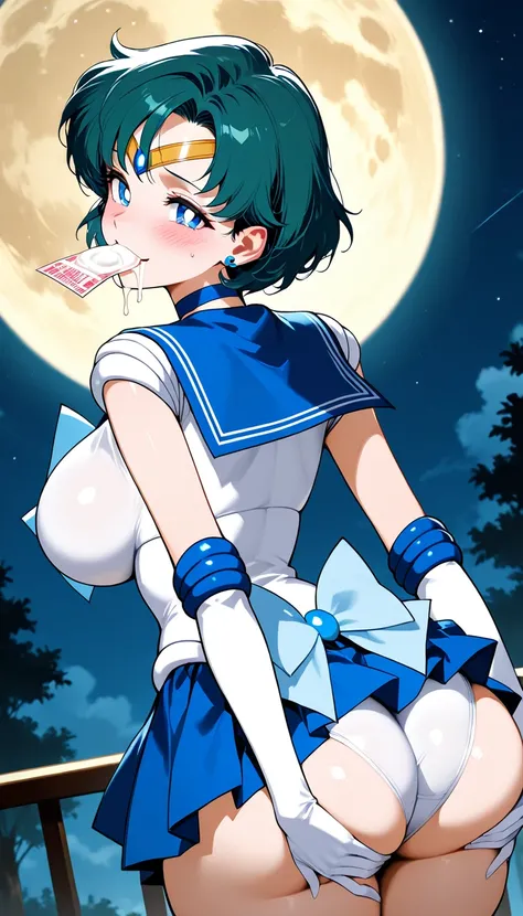 Masterpiece,  best quality , Alone, Sailor Mercury, big breasts　 semen in your mouth　 happy expression　be happy　Keep your butt in check　Show off your ass　 back view　　 back view　 angle from behind　night　 full moon