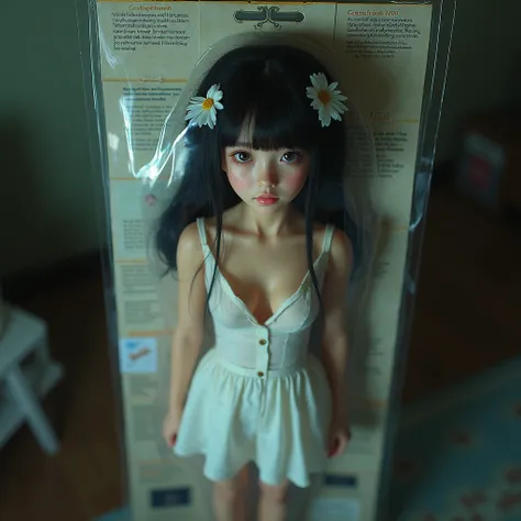 Doll Packaged Girl Standing FullBody. a Adolescent Girl Trapped in Blister Package on Decorative Cardboard with instructions, LifeLike Live-Action, Beautiful Reflective Eyes, Innocent, FlowerHairpin, Open Cleavage from DirectlyAbove, SpecularReflection, St...